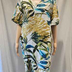 Chico’s Palm Print Linen Shift Dress Drop Shoulder Knee Length V-Neck Size 1/M